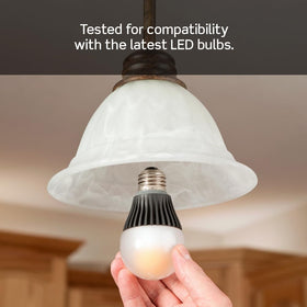 Leviton dimmer supports dimmable LED, CFL, and incandescent bulbs for flexible lighting.