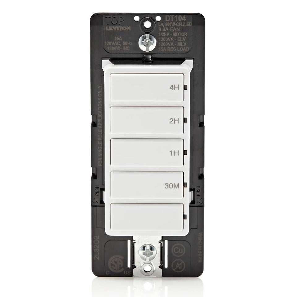 Leviton DT104-1LW front view; slim, space-saving profile for walls.