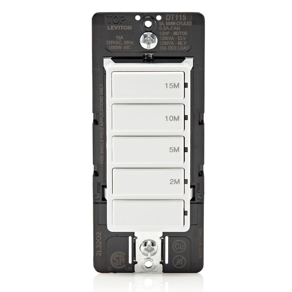 Leviton DT115-1LW front view in white for seamless wall integration and quick control.