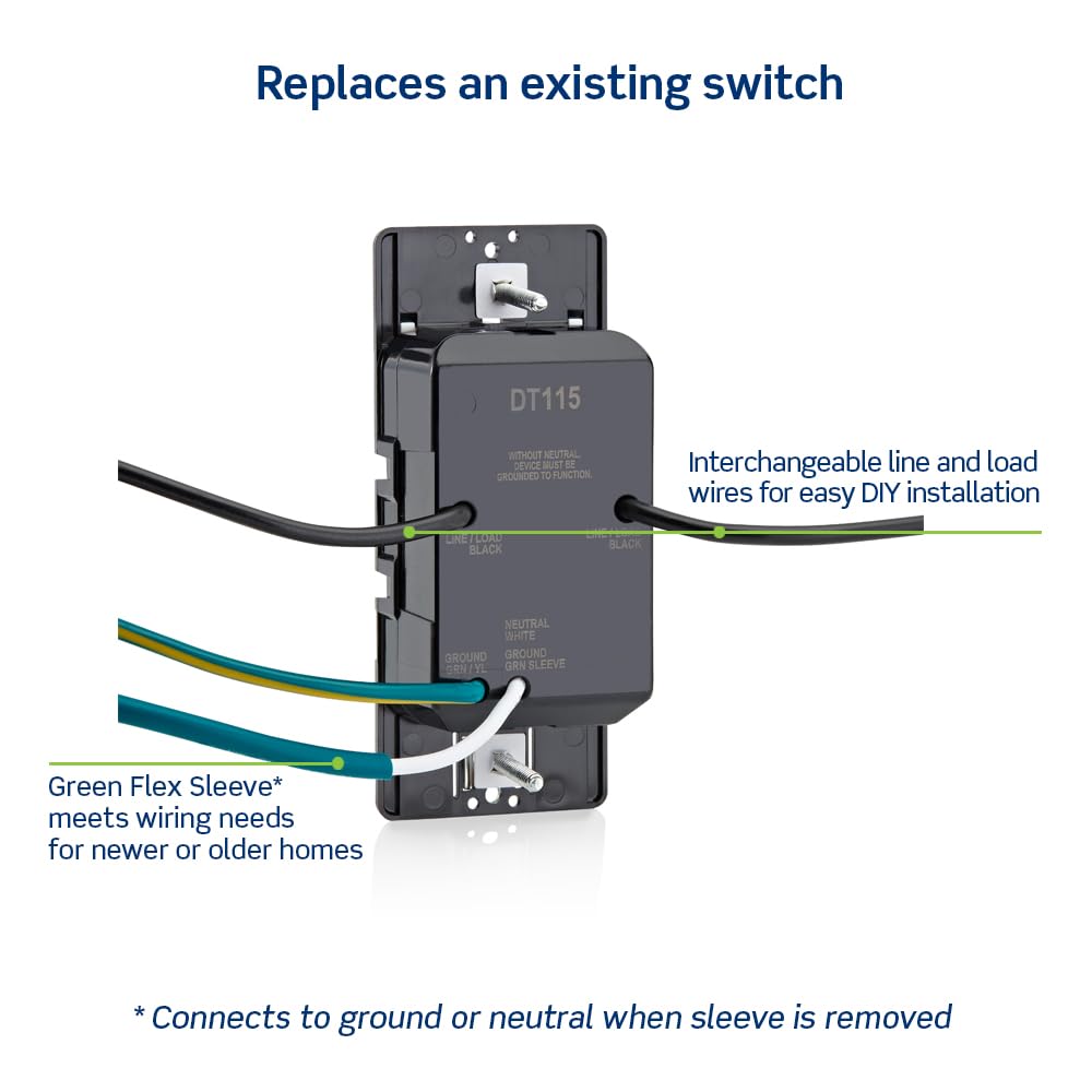 Green Flex Sleeve on Leviton DT115-1LW grounds safely during installation.