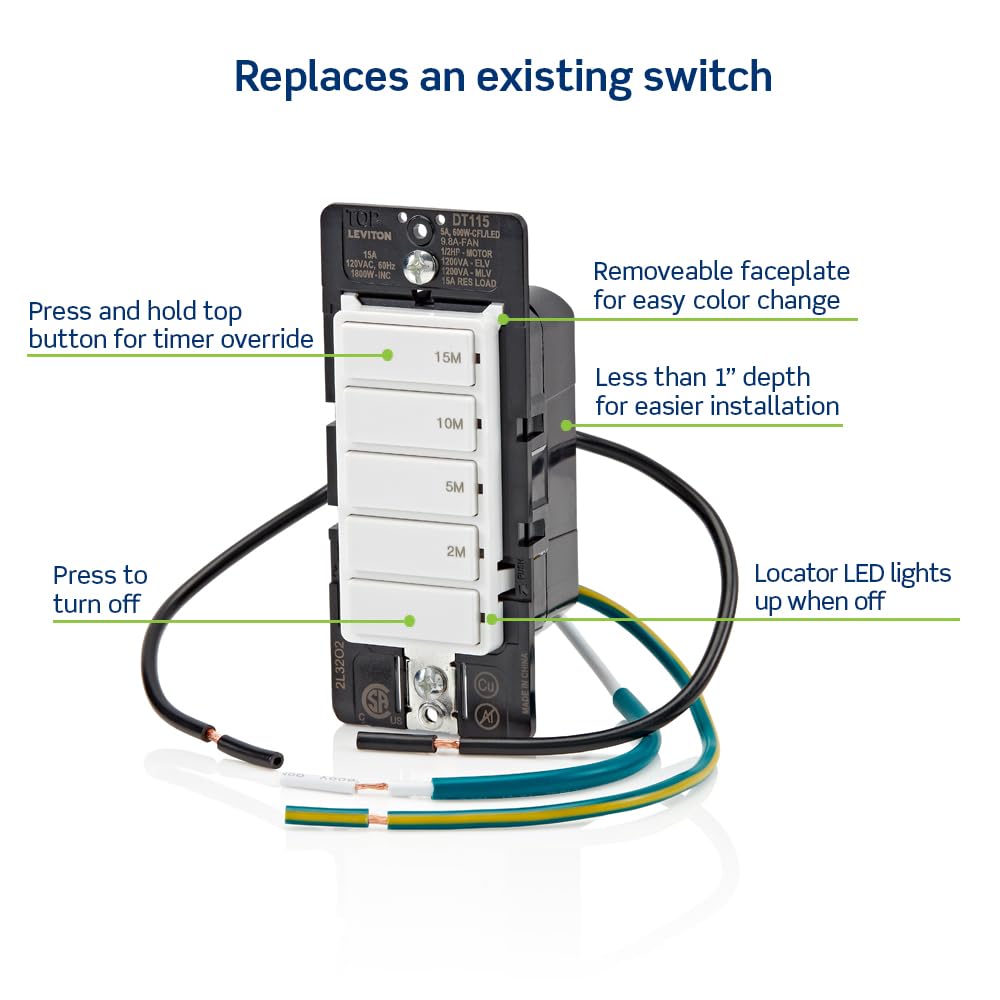 Slim-depth wall switch by Leviton DT115-1LW fits tight spaces easily.