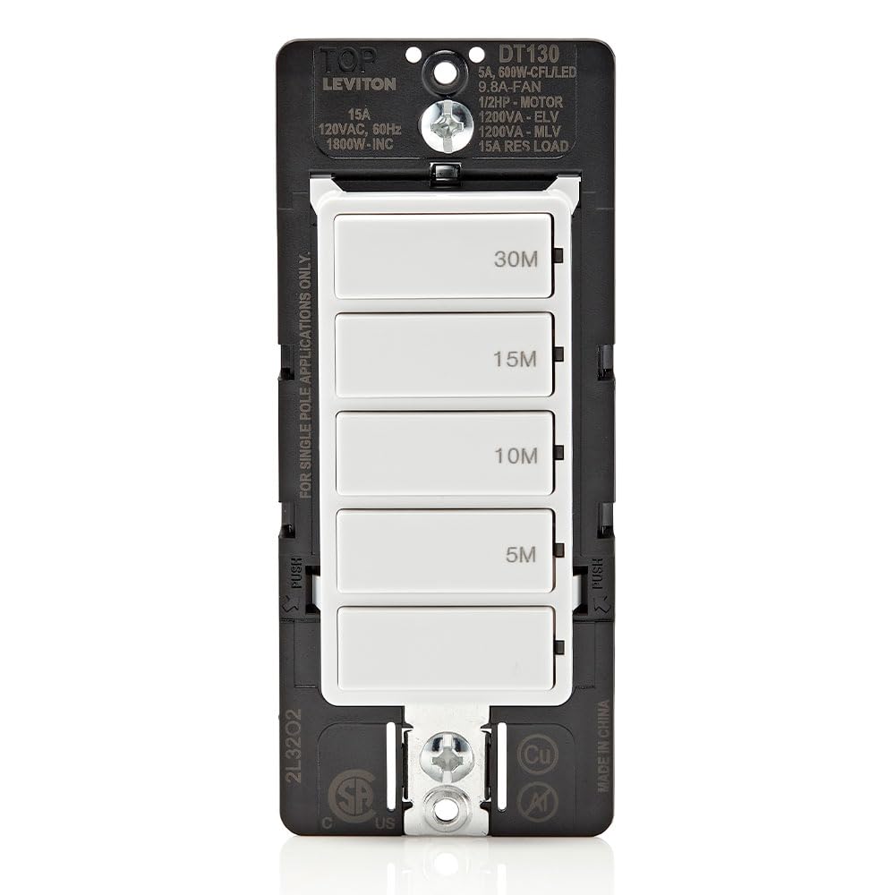 Leviton DT130-1LW countdown timer switch front view for precise control