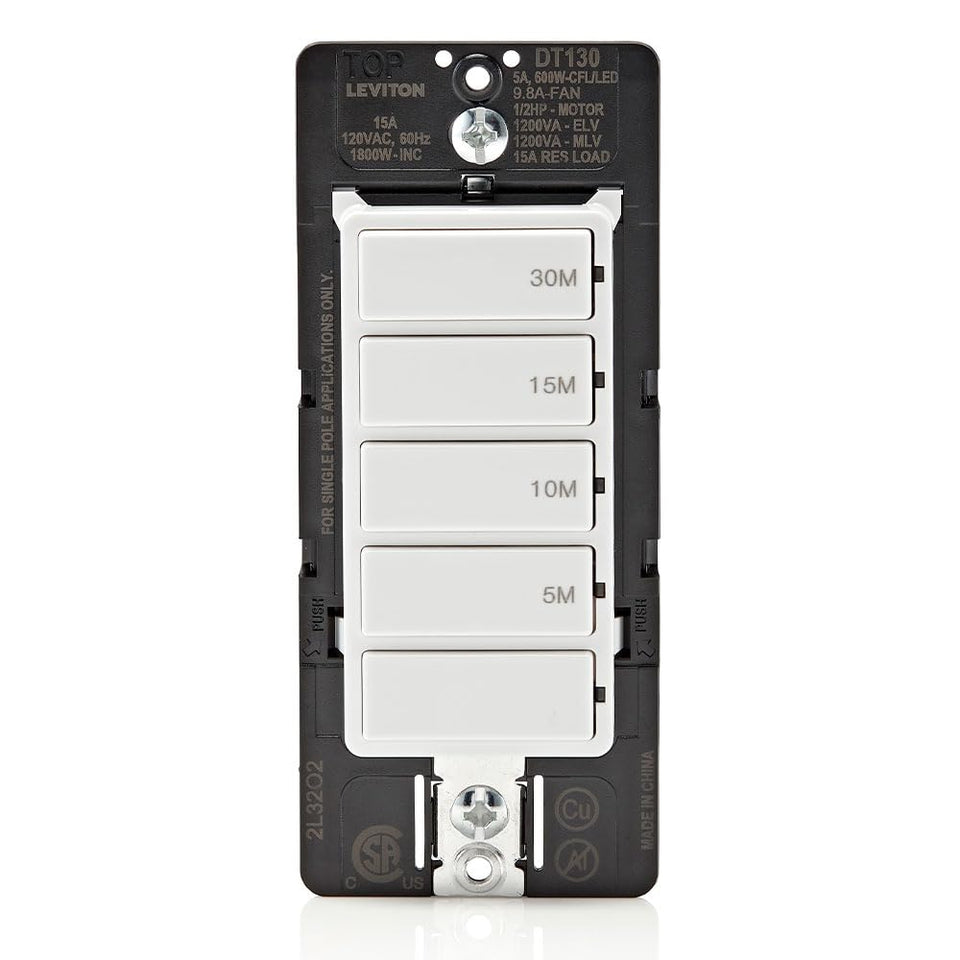 Leviton DT130-1LW countdown timer switch front view for precise control