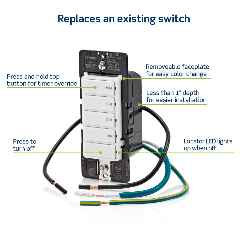 Leviton DT160-1LW preset buttons highlight 10/20/30/60 minute options.
