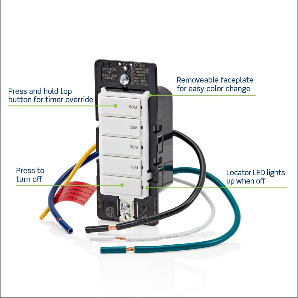 Leviton countdown switch installed in wall box for easy timer control