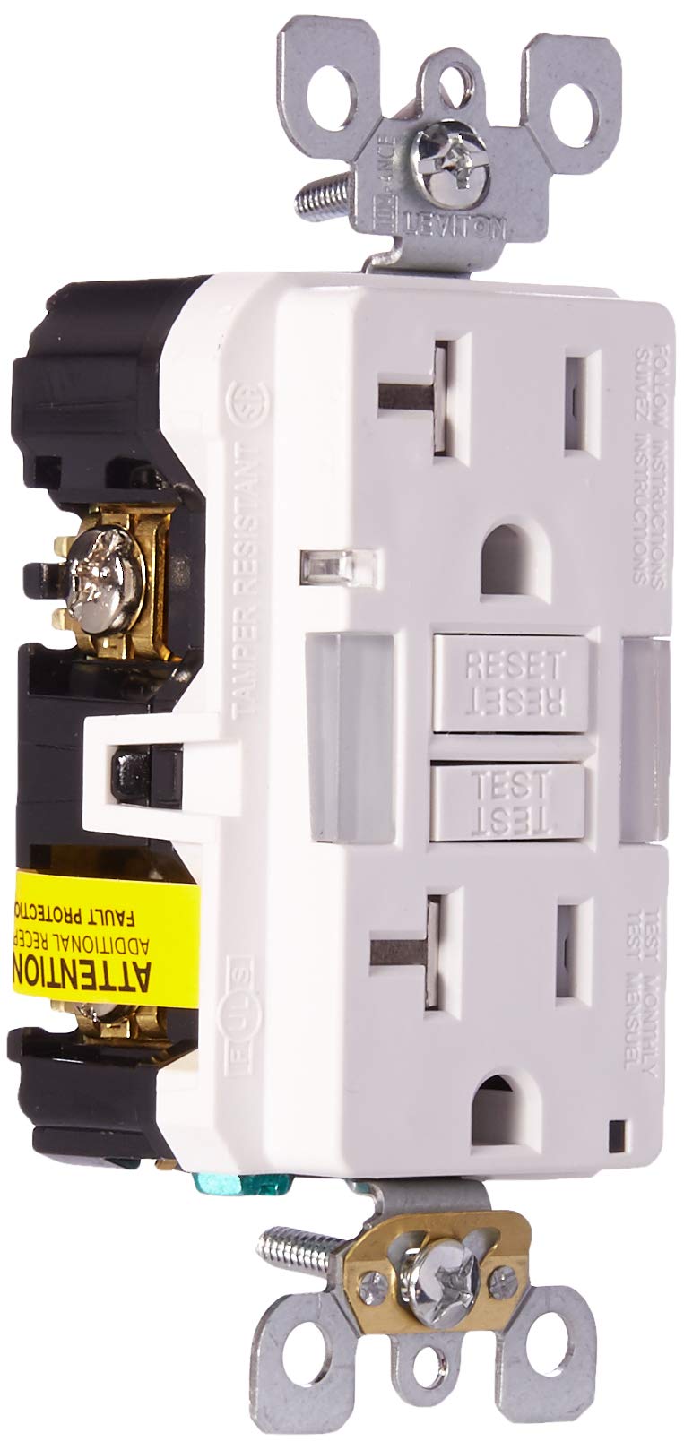Leviton GFCI guidelight outlet 20A white front view with dual lights for safety