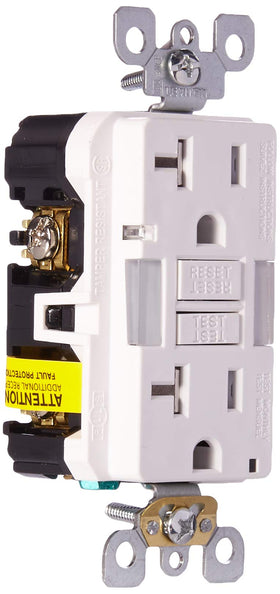 Leviton GFCI guidelight outlet 20A white front view with dual lights for safety