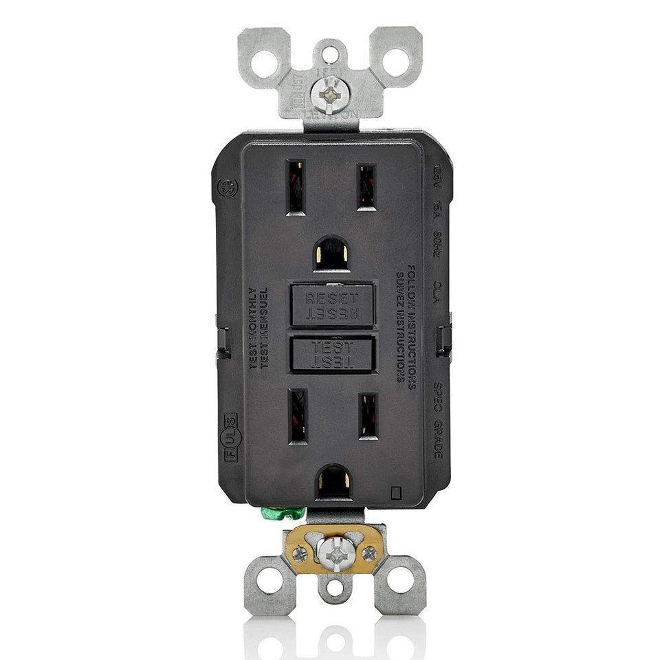 Leviton GFNT1-E GFCI outlet with LED indicator shows safety status.