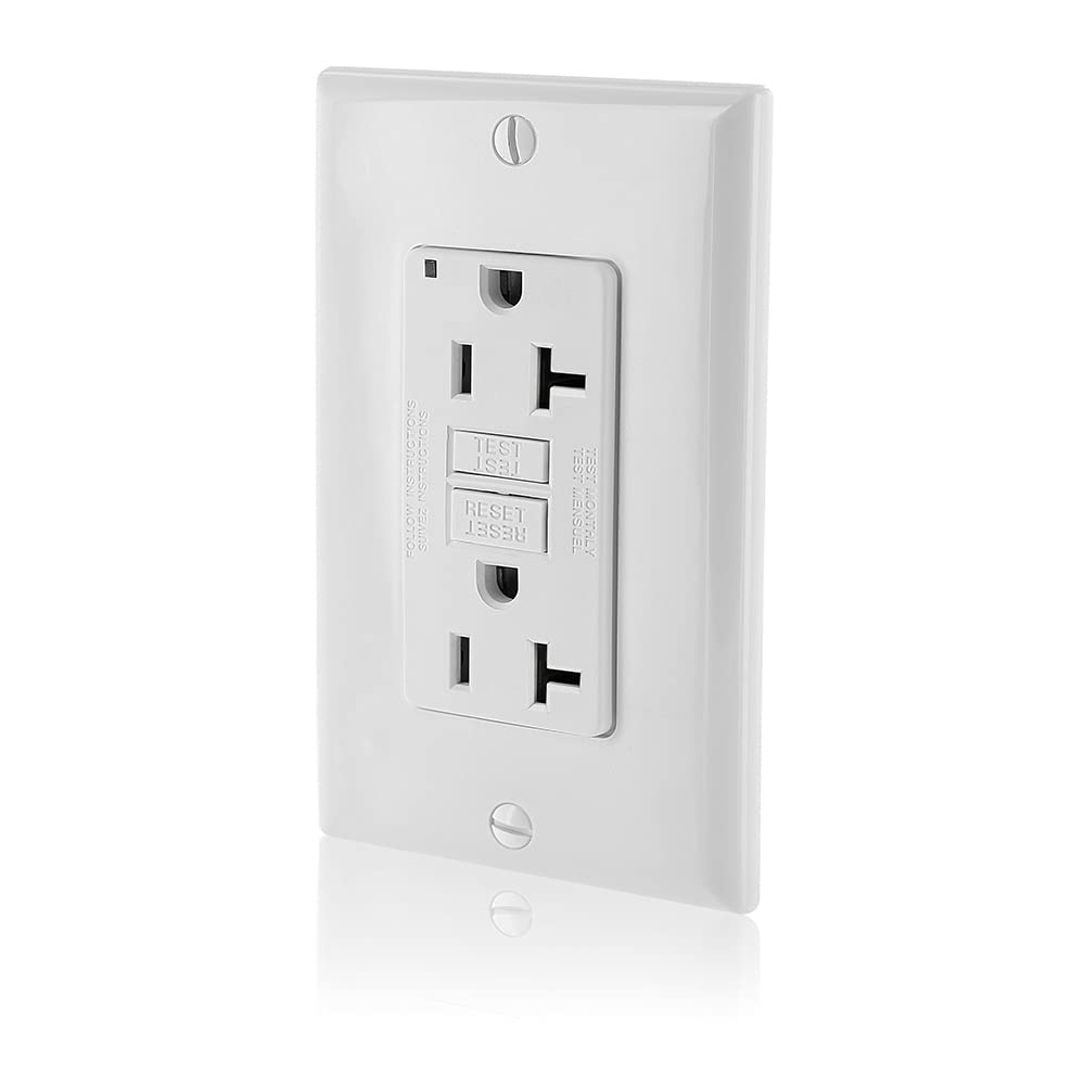 Leviton GFCI outlet with LED indicator shows protection status at a glance.