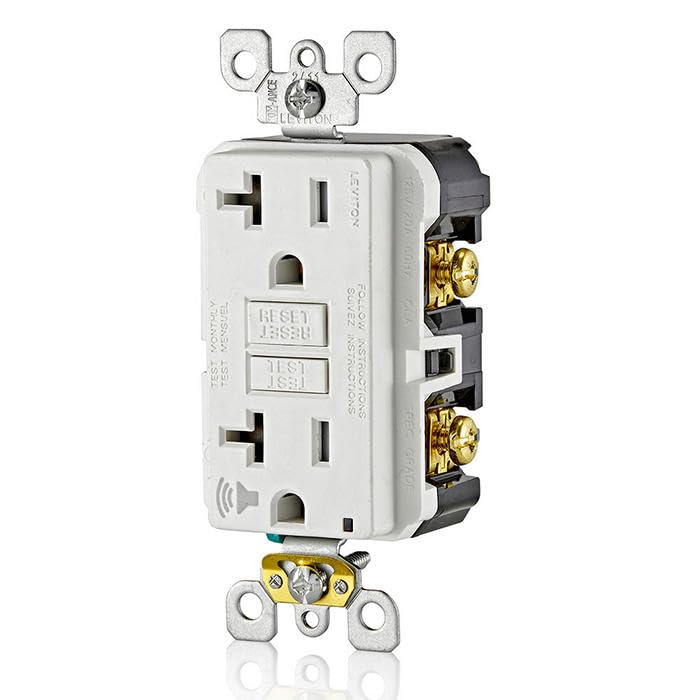 Leviton GFCI outlet 20-amp circuit supports high-demand appliances.
