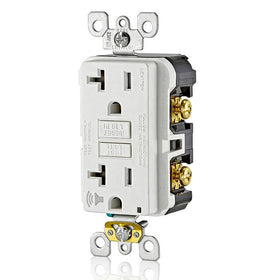 Leviton GFCI outlet 20-amp circuit supports high-demand appliances.