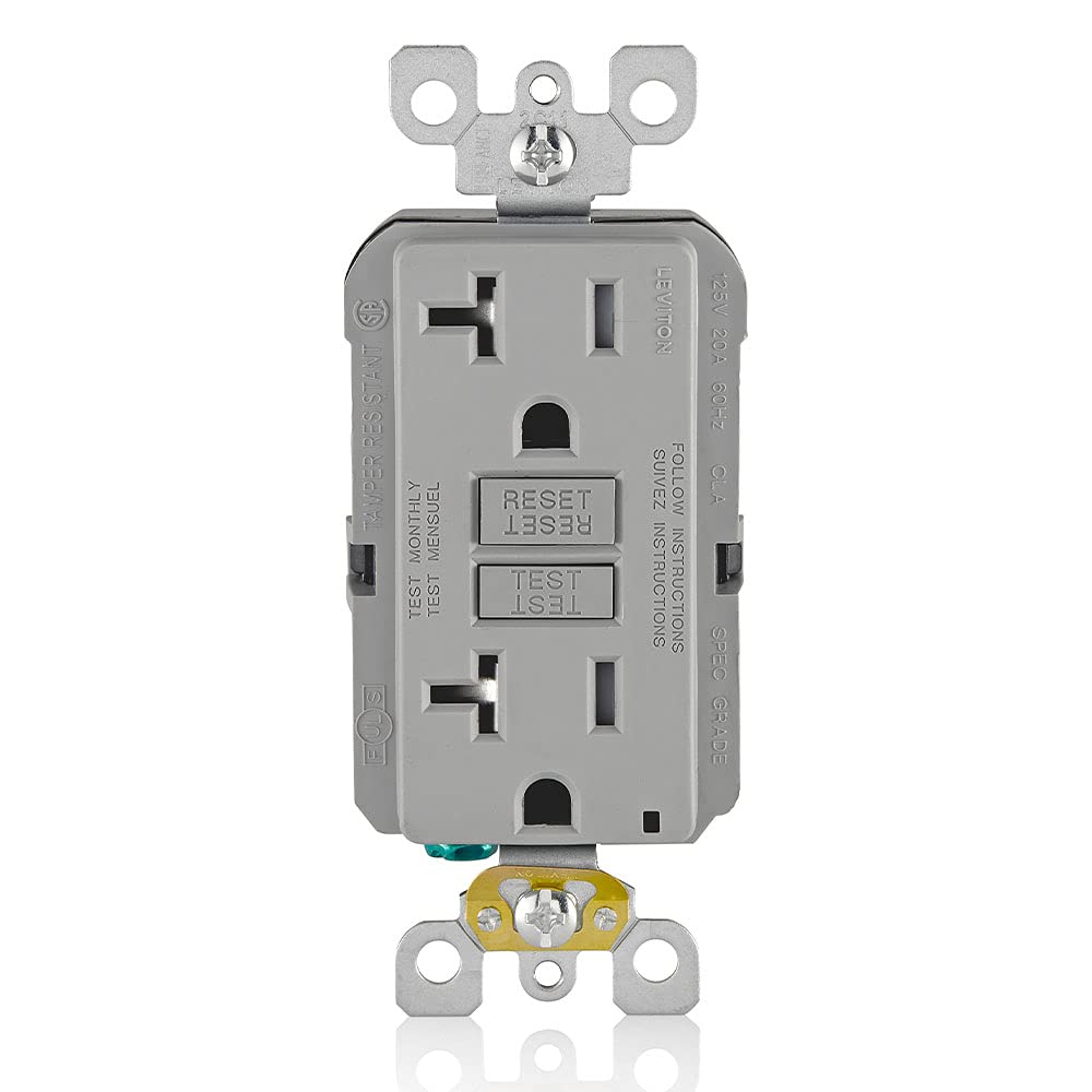 Leviton GFCI outlet 20A gray front view with LED indicator