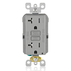 Leviton GFCI outlet 20A gray front view with LED indicator