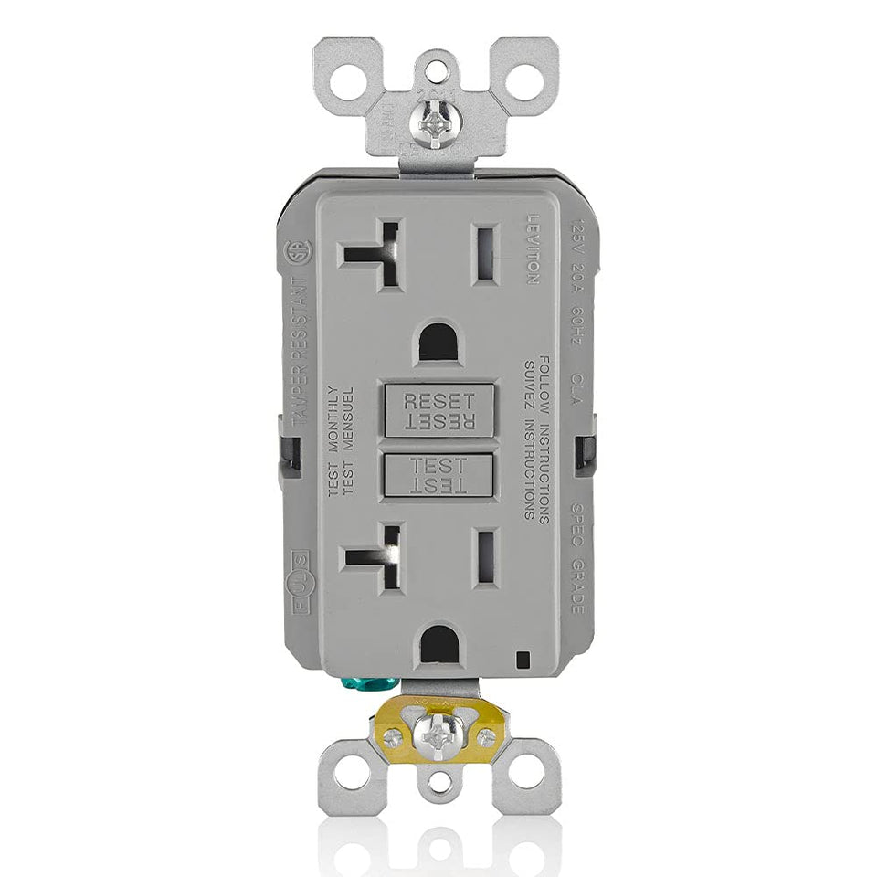 Leviton GFCI outlet 20A gray front view with LED indicator