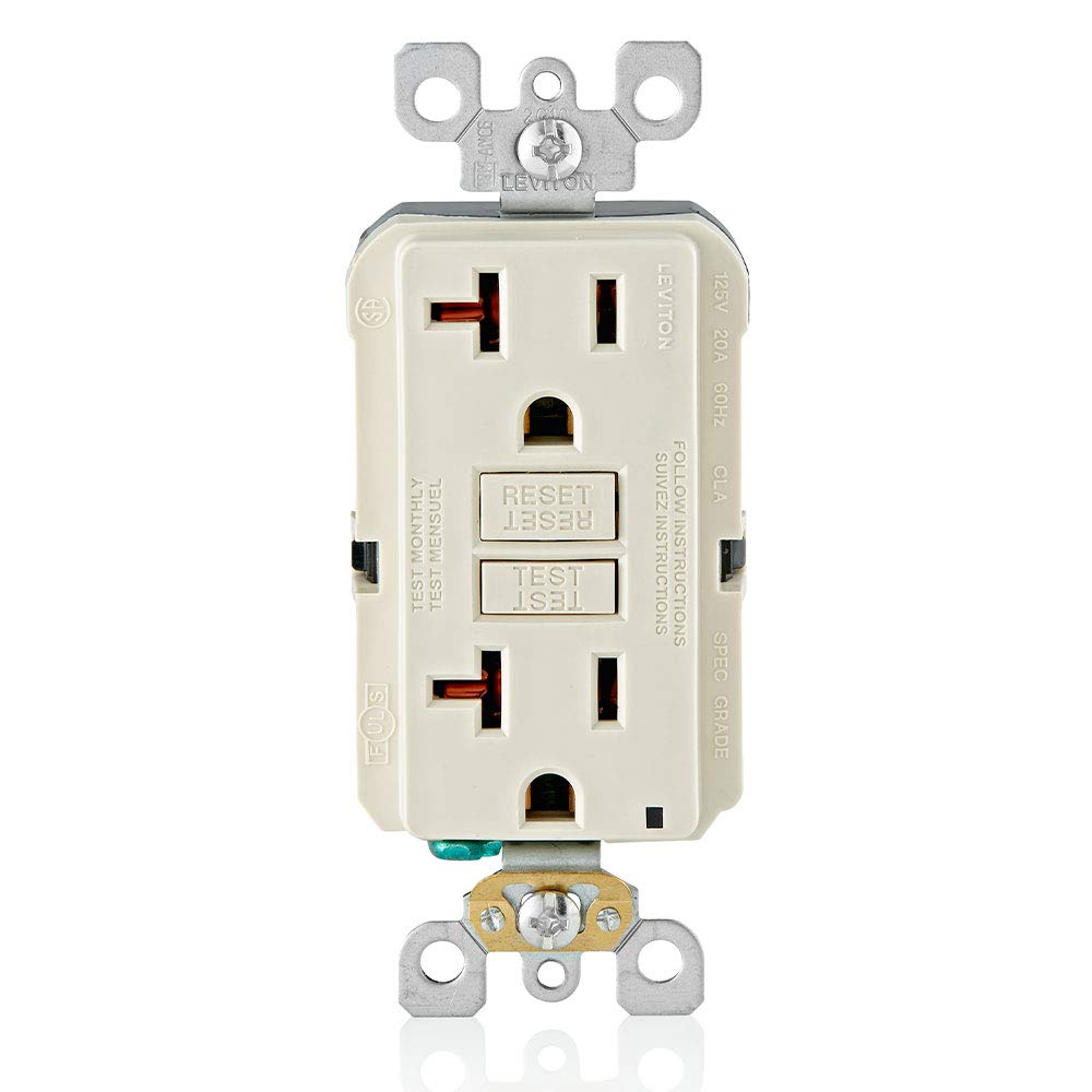 Leviton GFCI outlet front view with LED indicator for quick safety status.