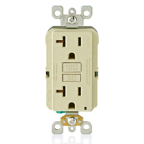 Leviton GFCI outlet 20A ivory with self-test indicator for reliable protection.