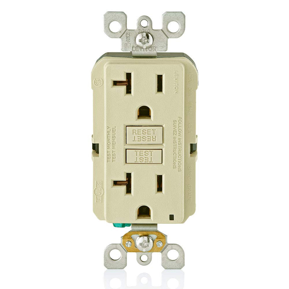 Leviton GFCI outlet 20A ivory with self-test indicator for reliable protection.