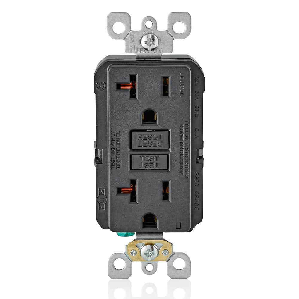 Leviton GFCI outlet black front view with LED indicator for quick status check