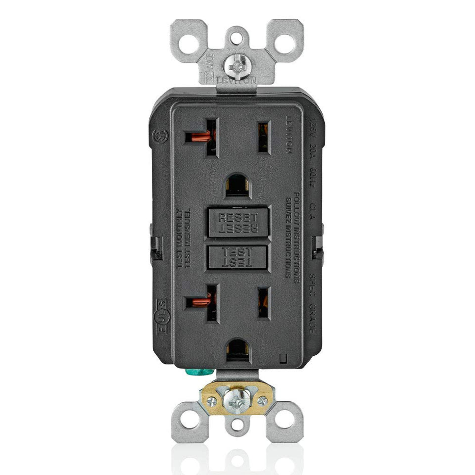 Leviton GFCI outlet black front view with LED indicator for quick status check