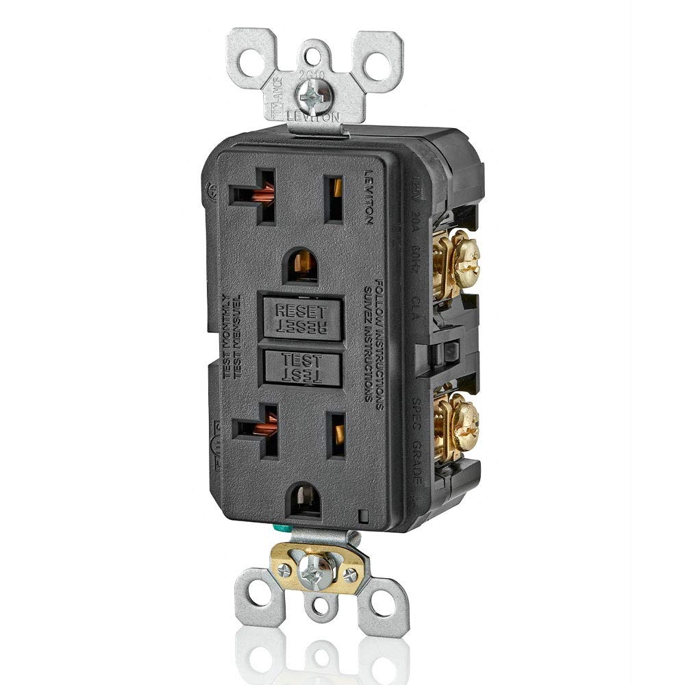 Leviton GFCI outlet black side view highlights compact wall installation