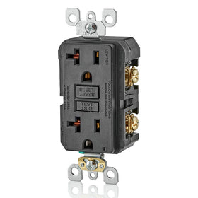 Leviton GFCI outlet black side view highlights compact wall installation