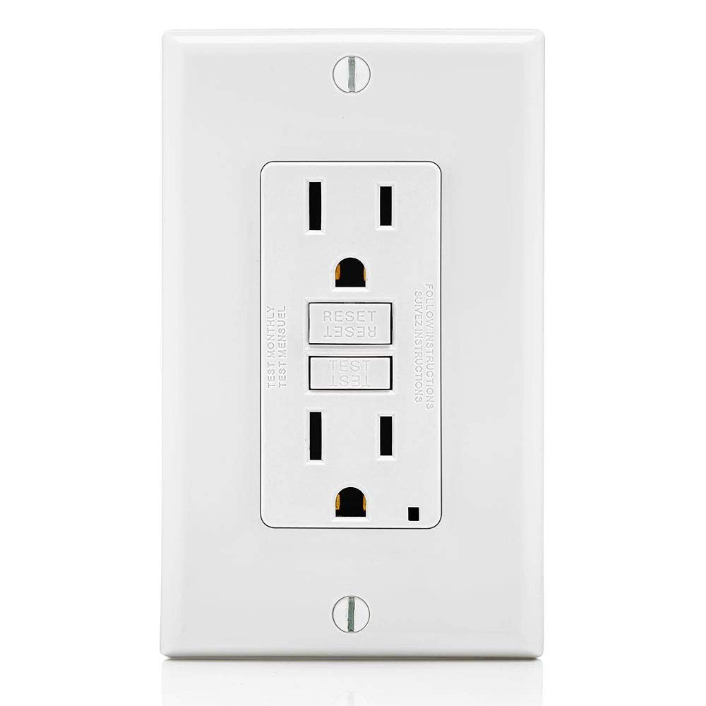 Leviton GFCI outlet front view with LED status indicator.