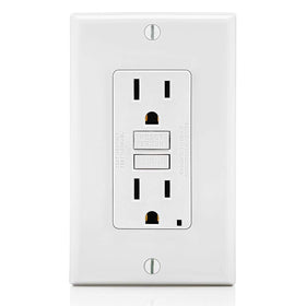 Leviton GFCI outlet front view with LED status indicator.