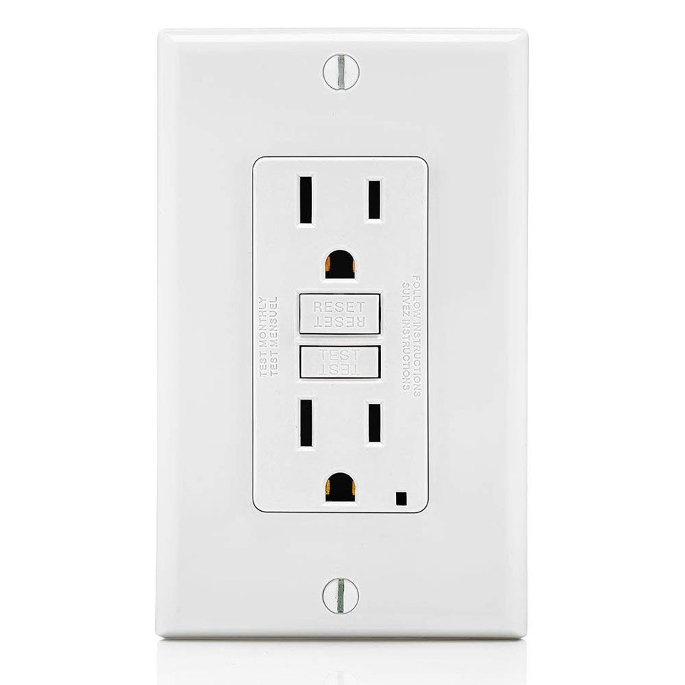 Leviton GFCI outlet front view with LED status indicator.