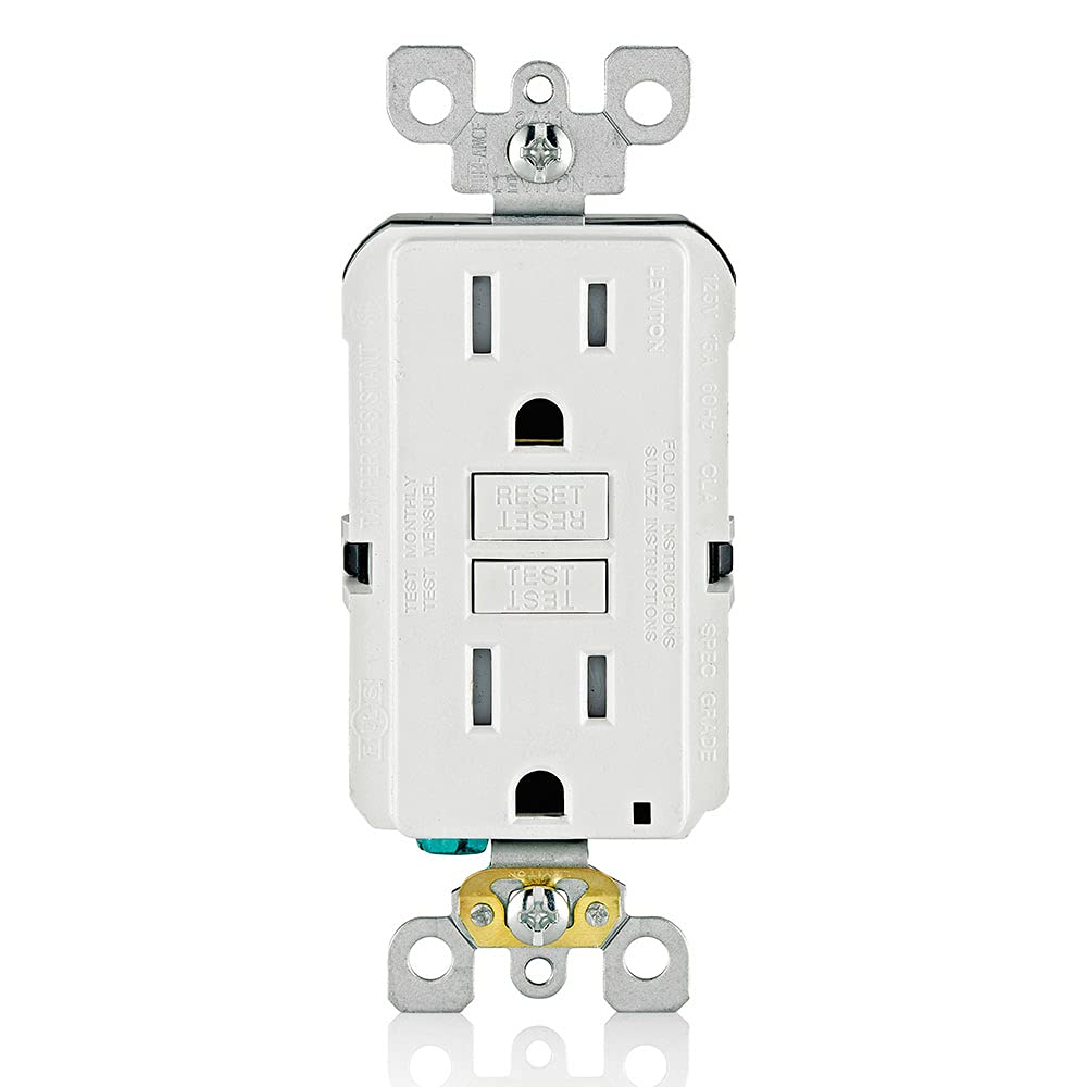 Leviton GFTR1-W GFCI outlet front view with tamper-resistant design for home safety.