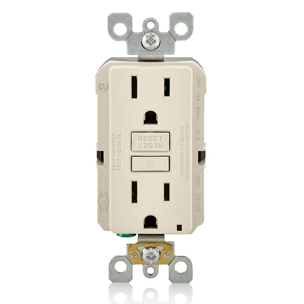 Leviton GFNT1-T GFCI outlet front view with light almond finish for safe integration