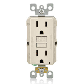 Leviton GFNT1-T GFCI outlet front view with light almond finish for safe integration