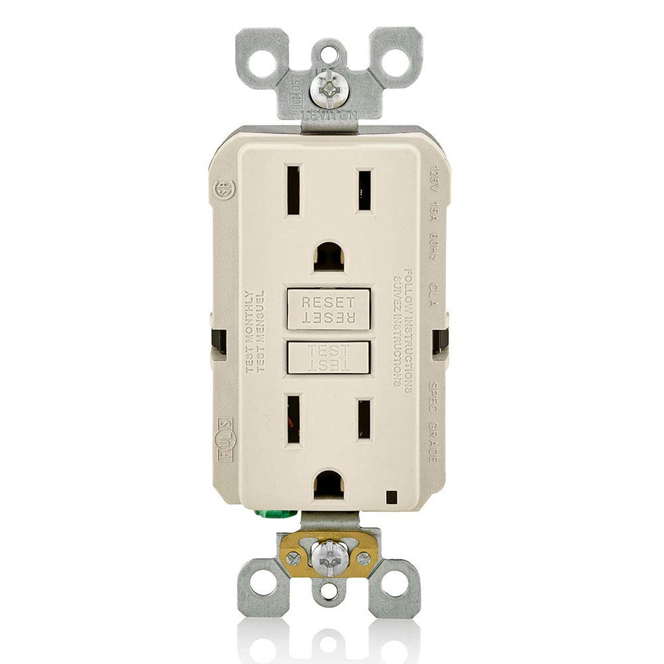 Leviton GFNT1-T GFCI outlet front view with light almond finish for safe integration