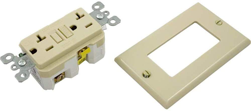Leviton GFCI outlet installation-friendly ivory design for basements and garages.