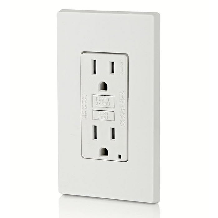 Leviton GFTR1-W in a kitchen/bathroom setting demonstrates near-water use.