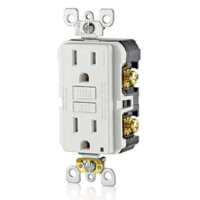 Leviton GFCI outlet LED indicator shows power and protection status at a glance.