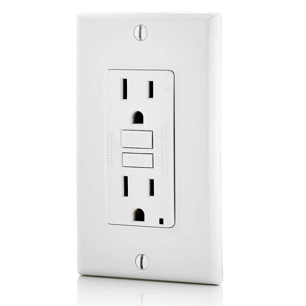 Leviton GFCI outlet LED indicator showing protection status.