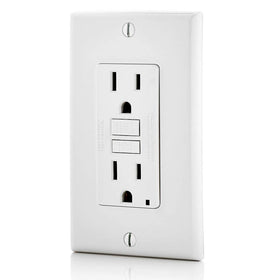 Leviton GFCI outlet LED indicator showing protection status.