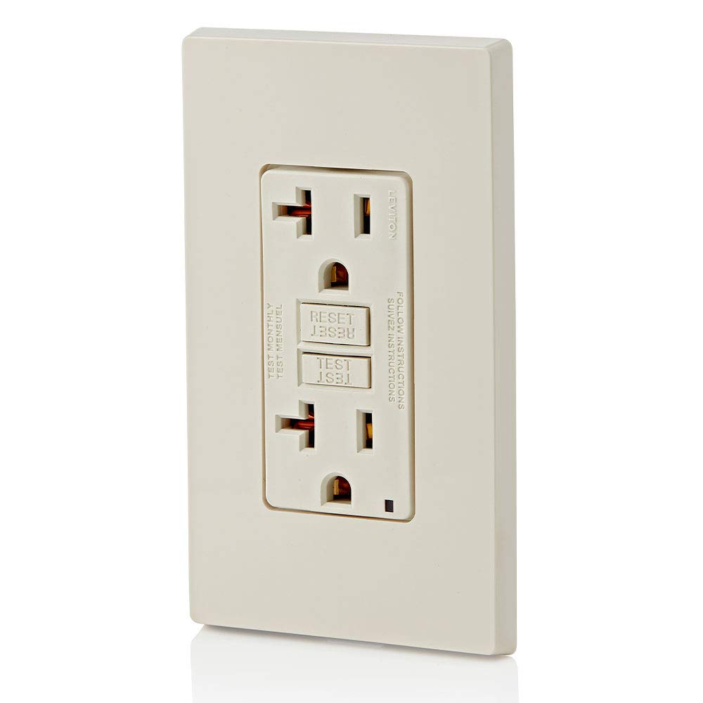 Leviton GFCI outlet light almond finish close-up highlighting color.