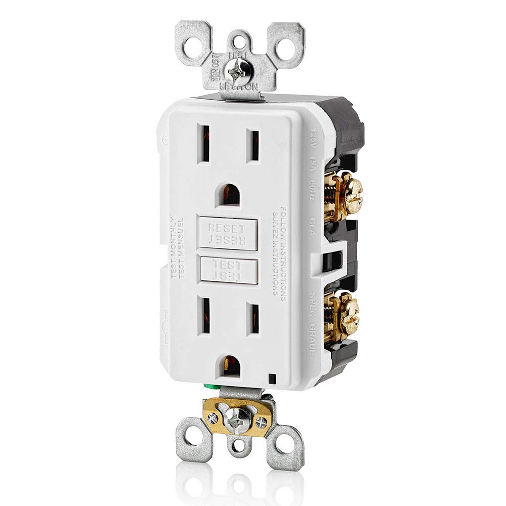 Leviton GFCI outlet near-water setup suitable for kitchen or bath.
