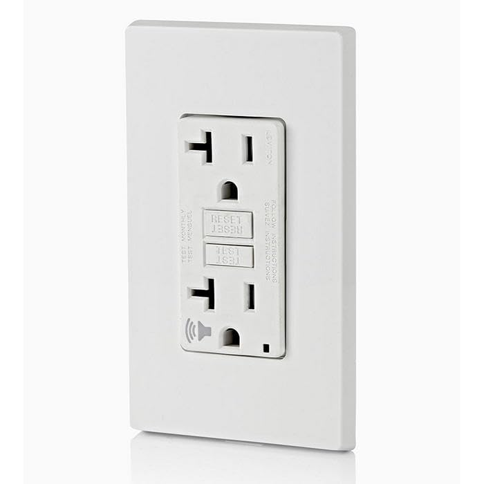 Leviton GFCI outlet complies with NEC guidance for water-adjacent areas.