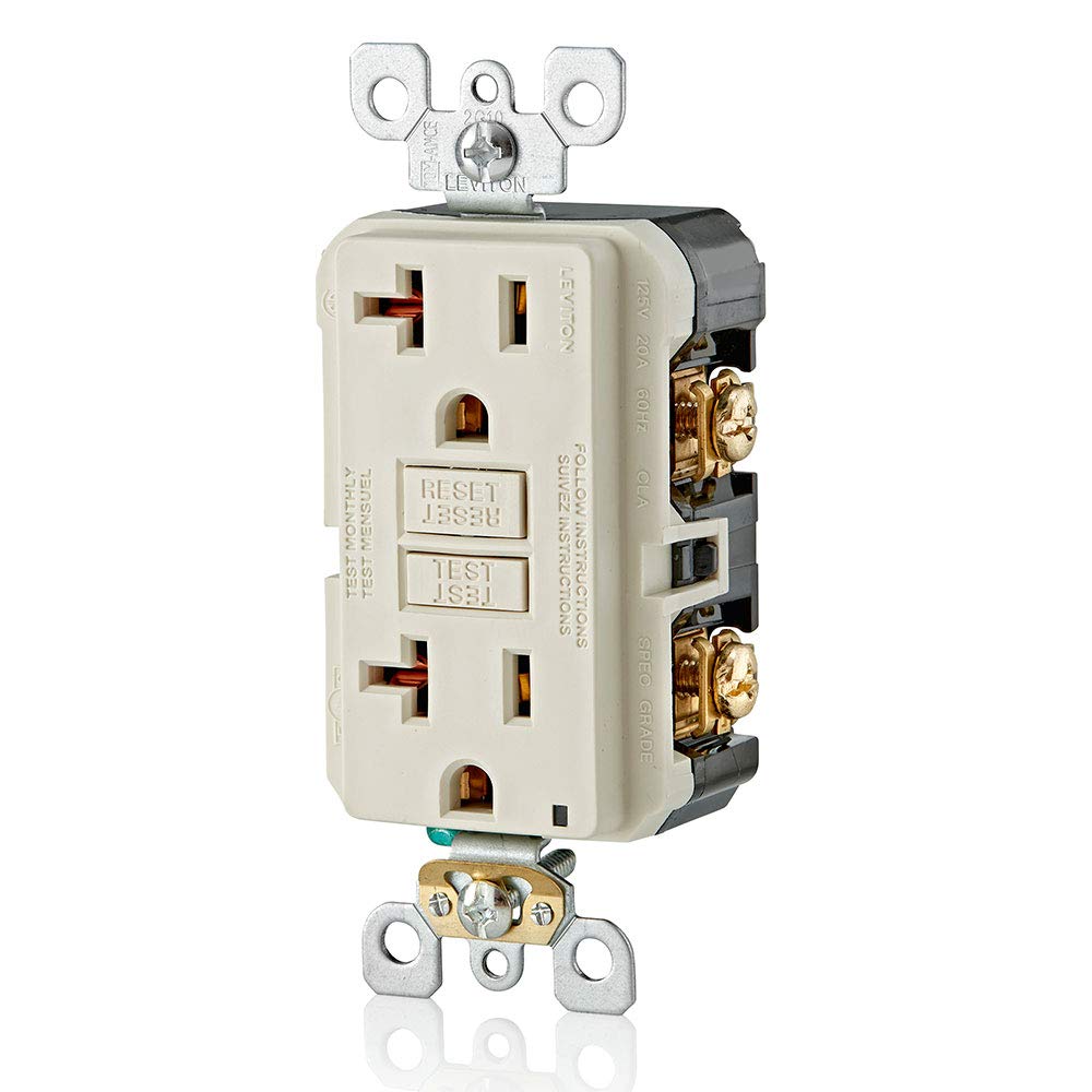 Leviton GFCI outlet self-test button close-up shows automatic safety check.