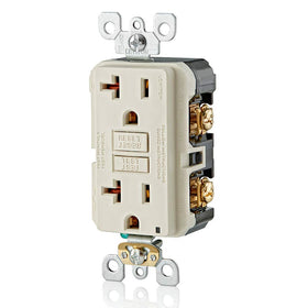 Leviton GFCI outlet self-test button close-up shows automatic safety check.