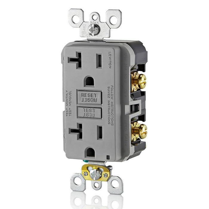 Leviton GFCI outlet wiring terminals clearly labeled in gray