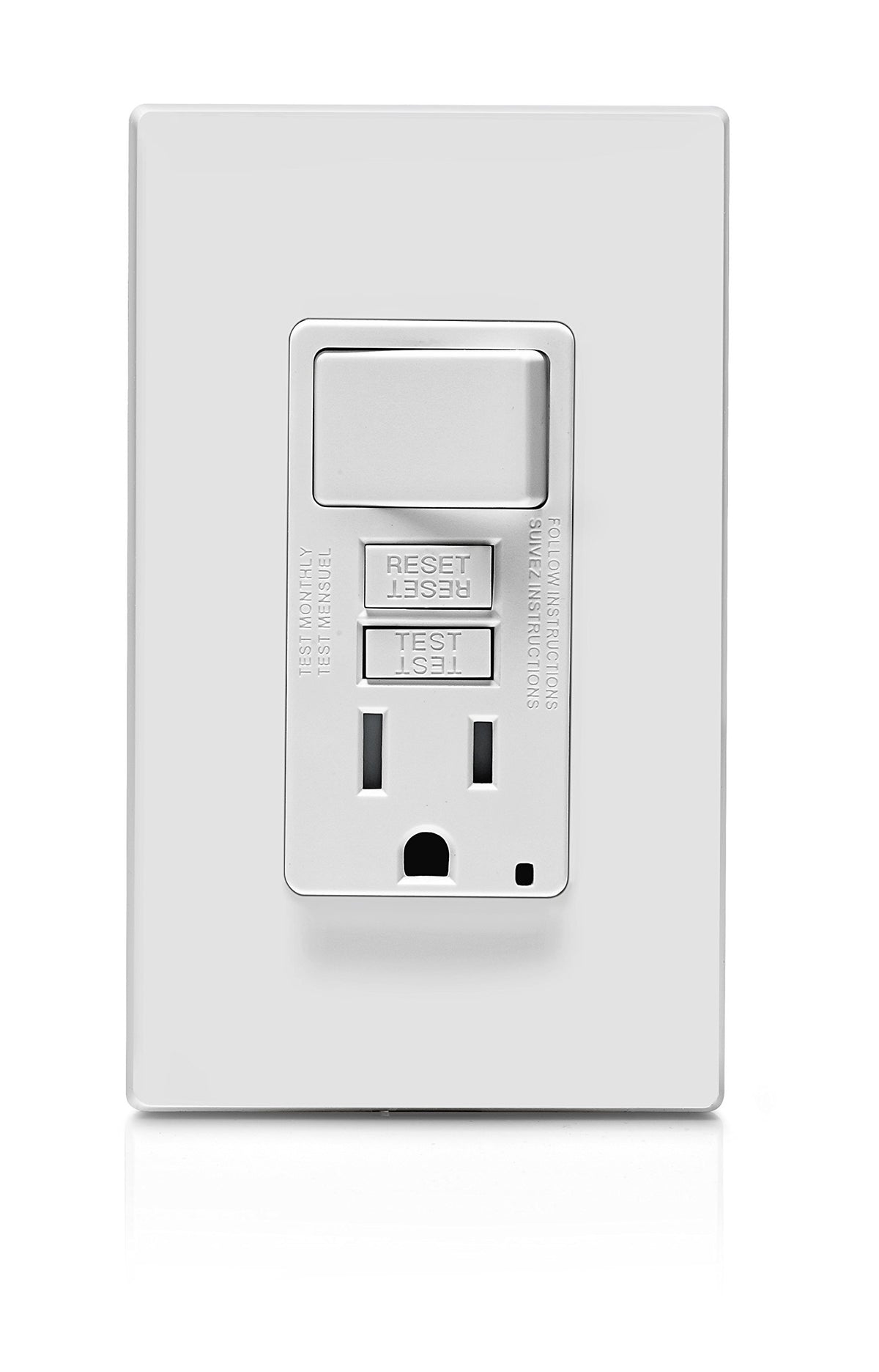 Leviton GFCI switch-outlet combo front view with compact design for small bathrooms.