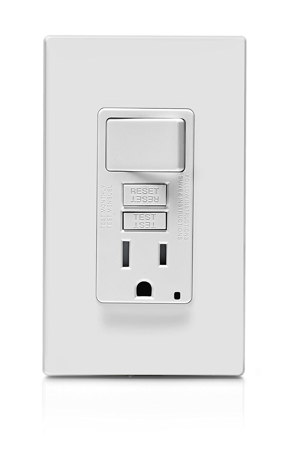 Leviton GFCI switch-outlet combo front view with compact design for small bathrooms.
