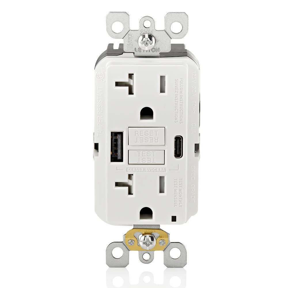 Leviton GFCI USB in-wall outlet with self-test indicator for safe charging.