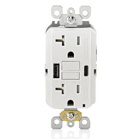 Leviton GFCI USB in-wall outlet with self-test indicator for safe charging.