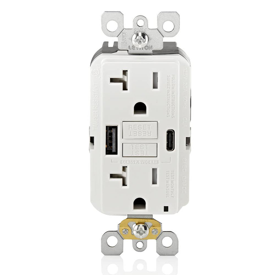 Leviton GFCI USB in-wall outlet with self-test indicator for safe charging.