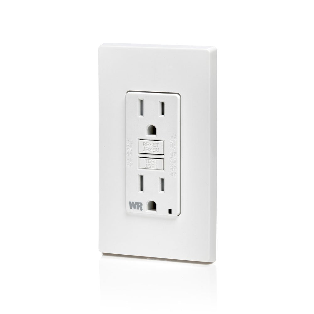 Leviton weatherproof mounting screws enable secure outdoor installation.