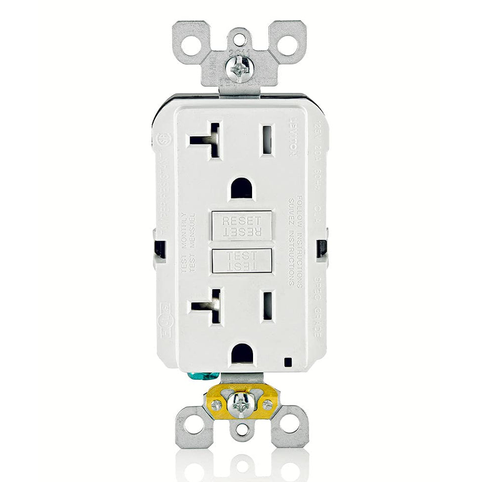 Leviton GFTR2-W GFCI outlet with LED indicator shows protection status